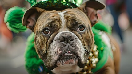 Wall Mural - English bulldog in a suit at St. Patrick's Day