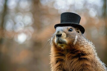 Wall Mural - A groundhog in a top hat poses in a photo studio. isolated on black background. copy space