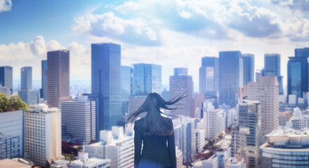  日本の街・都市・朝日を受けたオフィスビル群を前に佇み風を受けて髪をなびかせる会社員の女性の出勤　ビジネス・はじまり・決意・目標・挑戦のイメージ