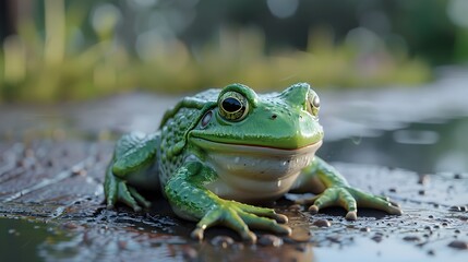 Wall Mural - Cute Green Frog Sitting on Damp Ground in Lush Forest