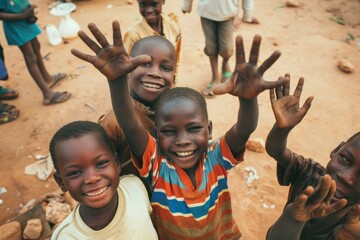 Group of happy African children smiling and waving their hands at the camera.