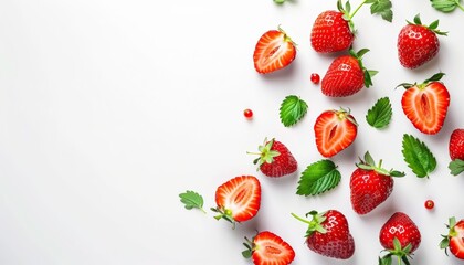Wall Mural - Strawberries Fresh Fruit Isolated White Background Healthy, Copy Space