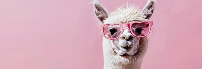 Wall Mural - cute white alpaca wearing pink heart shaped sunglasses isolated on light pastel pink background with copy space