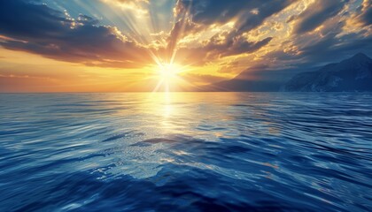 Wall Mural - Scenic Ocean Sunset with Mountains: Tranquil Horizon with Sun Rays and Reflective Water