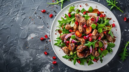 Wall Mural - Chicken liver and pomegranate warm salad on a white plate against a dark marble background