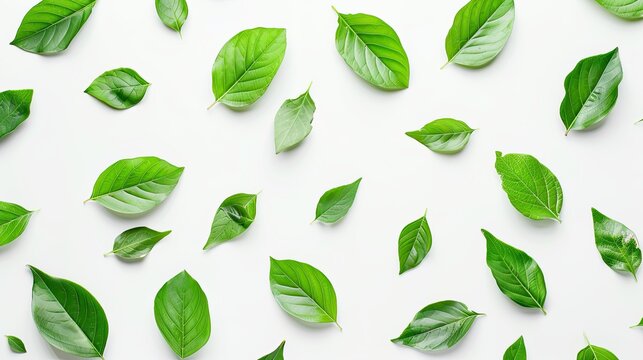 scattered green fresh leaves isolated on white background. eco concept. top view. flat lay