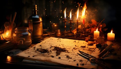 Wall Mural - Burning candles on the table in a dark room. Halloween concept