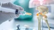 © saritwat - Facet joint injection, therapy against backbone injury or pain. Close-up of vertebrae with a syringe isolated on a white background 3D rendering illustration.