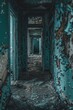 © Alpha - Macro vertical shot of an abandoned building's decayed corridor, with moldy walls, shattered glass, and debris