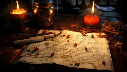 Wall Mural - Old book with a burning candle on the table in a dark room