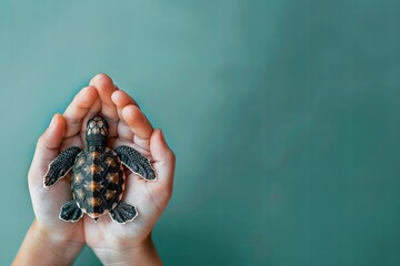 Wall Mural - Small turtle in arms on green background.Save sea plastic pollution.Climate change, Environmental CSR. copy space