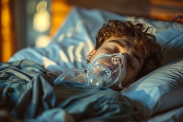 Young man wearing oxygen mask sleeping in bed, recovering after sickness in hospital ward, Generative AI 