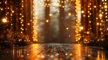 Wall Mural - Rustic celebration background with wooden textures, fairy lights, and floral decorations