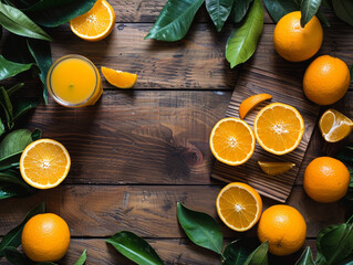 Wall Mural - fresh orange juice on wooden background - ai