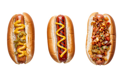 Wall Mural - Set of three delicious hot dogs with a variety of toppings. Isolated on transparent background