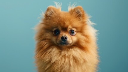 Pomeranian against a blue backdrop