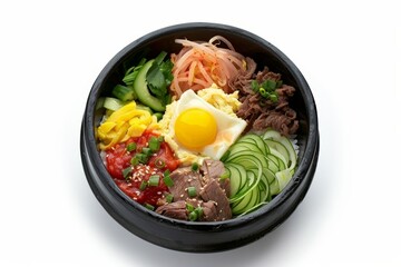 Wall Mural - Aerial shot of Korean bibimbap, set against a white backdrop