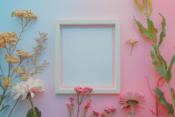 Wall Mural - frame with a pastel gradient background and various flowers around it, including chrysanthemums