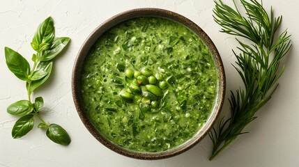 Wall Mural - Top view shows green curry from Thailand, set against a white background