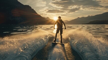 Wall Mural - Man wakeboarding on lake behind boat