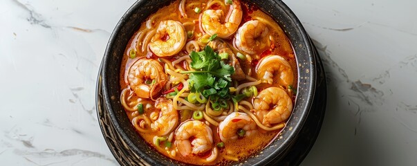 Wall Mural - Top view of laksa from Malaysia, isolated on white background