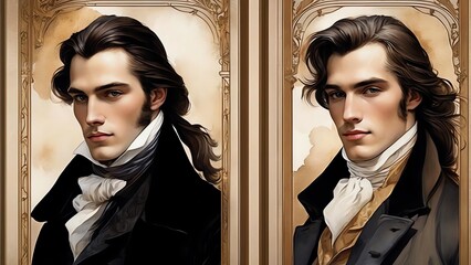 Wall Mural - An attractive, dark, and towering guy. He wears an 1800s costume and exudes charm and mystique. The background is aged parchment paper with soft lighting , lending the image a nostalgic feel. 