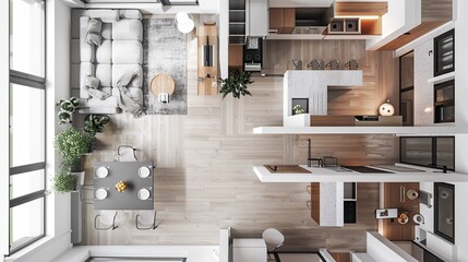 Detailed apartment layout in a modern architectural style. Setting: Present an overhead view of an apartment layout with clear, precise lines and a minimalist color scheme.