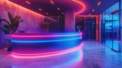 Wall Mural - Modern and stylish reception area with neon lights and a futuristic design. Features a curved illuminated counter and glass walls, creating a vibrant and professional atmosphere