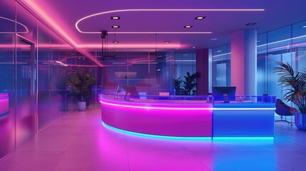 Wall Mural - Modern and stylish reception area with neon lights and a futuristic design. Features a curved illuminated counter and glass walls, creating a vibrant and professional atmosphere