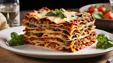 Wall Mural - A table displaying a serving of veggie lasagna, a traditional Italian dish consisting of layers of pasta and vegetables