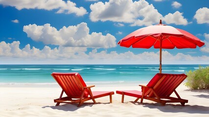 Wall Mural - Two red beach chairs and an umbrella on a beautiful white sand beach in front of the ocean on sunny day
