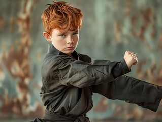 A young boy in black karate gear.