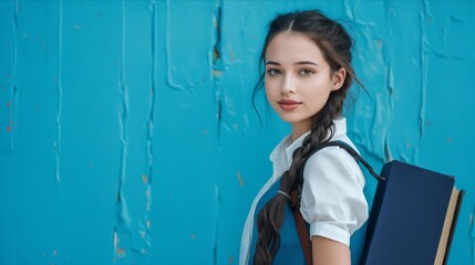 Wall Mural - A young woman with a backpack and a blue wall.