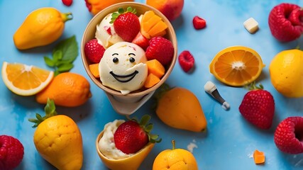 Wall Mural - a deliciously cool summertime meal idea. Top view of ice cream fruit with colors of yellow, orange, and red, and a smile on a blue background.