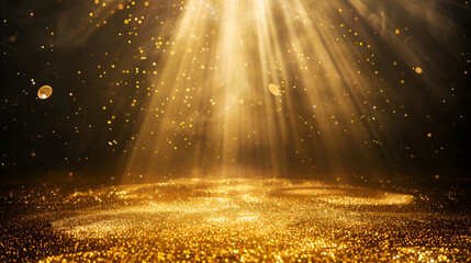 Poster - stage light and golden glitter lights on floor abstract gold background for display your product spotlight realistic ray,Transparent glow light effect with sunray.Gold glitter powder 
