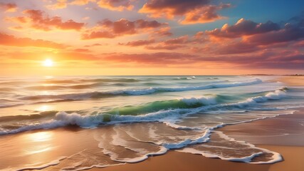 Wall Mural - Beautiful natural seascape with colorful sunset sky. Waves of sea surf and golden sand of beach in rays of sunlight.