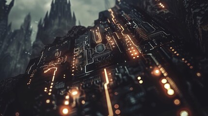 Poster - Futuristic digital landscape with glowing circuit patterns representing next-generation technology advancements, ample space on the left for text placement