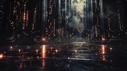 Poster - Futuristic digital landscape with glowing circuit patterns representing next-generation technology advancements, ample space on the left for text placement