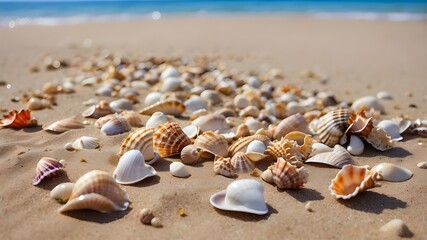 Wall Mural - Seashells Scattered on Sandy Beach