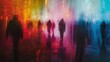 © Purichaya - Abstract colorful silhouettes of people walking in a blurred cityscape, creating a mysterious and vibrant urban environment.