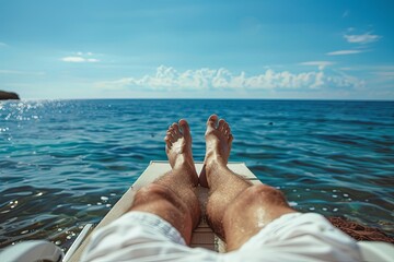 the man relaxing on sunbed and looking at the sea only legs are visible, first person view camera, summer time, sunny day 