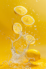 Wall Mural - Fresh, juicy lemon and slices levitate and fall. Bright yellow background. Splash of water and flying drops. Refreshing lemon juice. Citrus. Concept for cosmetics, juice, packaging, advertising.