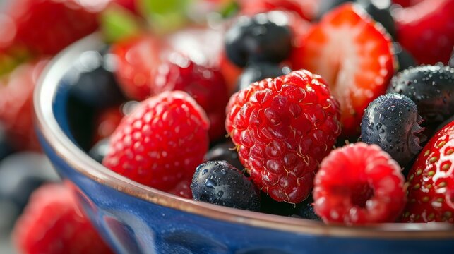 A close-up of a bowl filled with a mix of juicy strawberries, blueberries, and raspberries, glistening with freshness. --ar 16:9 --style raw Job ID: fbe50f3f-8daf-45aa-9d15-b4d128097725