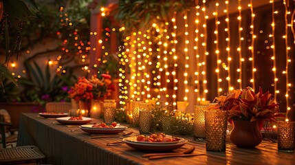 Wall Mural - A cheerful party setting with twinkling fairy lights. - Event decoration background