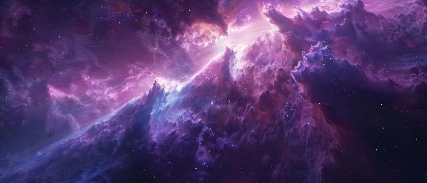Stunning depiction of a purple galactic nebula with vibrant colors and wisps of cosmic dust, representing the beauty of outer space.