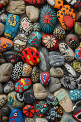 A dense collection of small rocks painted with various designs and colors, filling the entire frame. The rocks display patterns, animals, and abstract art, creating a whimsical and creative background