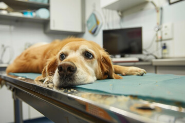 Close up portrait of a dog lying on a table in a clinic. The concept for the development of veterinary clinics, treatment and care of animals.
