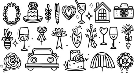 Set of wedding icons, line art vector illustration with white background