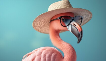 Wall Mural - Pink flamingo with hat and sunglasses on turquoise blue background with copy space. Summer travel concept design. 3D Rendering, 3D Illustration