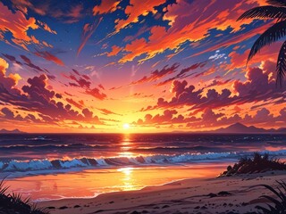 sunset in beach in anime style